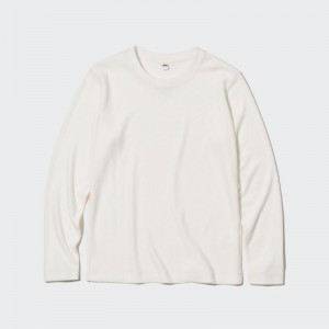 T Shirts Uniqlo HEATTECH Fleece Crew Neck Long-Sleeve Femme Blanche | 3712465