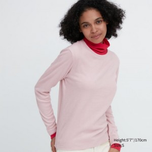 T Shirts Uniqlo HEATTECH Fleece Crew Neck Long-Sleeve Femme Rose | 7381280