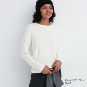 T Shirts Uniqlo HEATTECH Fleece Crew Neck Long-Sleeve Femme Blanche | 9978019