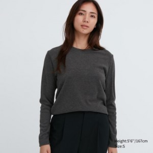 T Shirts Uniqlo HEATTECH Fleece Crew Neck Long-Sleeve Femme Grise | 6190919