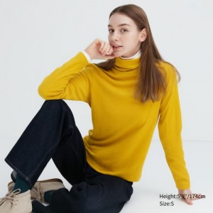 T Shirts Uniqlo HEATTECH Fleece Turtleneck Long-Sleeve Femme Jaune | 4179004