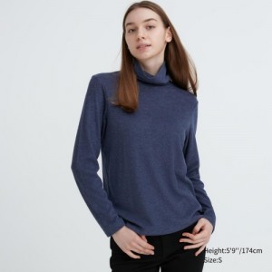 T Shirts Uniqlo HEATTECH Fleece Turtleneck Long-Sleeve Femme Bleu | 8247875