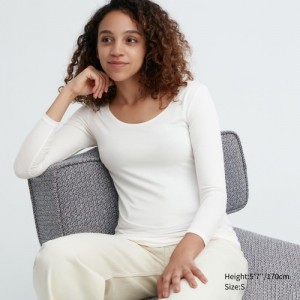 T Shirts Uniqlo HEATTECH Scoop Neck Long-Sleeve Femme Blanche | 302096