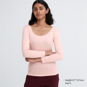 T Shirts Uniqlo HEATTECH Scoop Neck Long-Sleeve Femme Rose | 65477