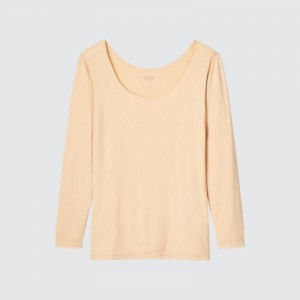 T Shirts Uniqlo HEATTECH Scoop Neck Long-Sleeve Femme Beige | 6544097