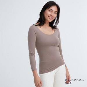 T Shirts Uniqlo HEATTECH Scoop Neck Long-Sleeve Femme Beige | 5201965