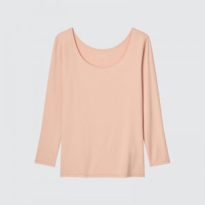 T Shirts Uniqlo HEATTECH Scoop Neck Long-Sleeve Femme Rose | 8999511