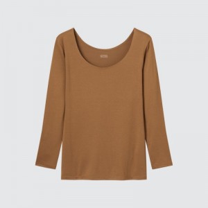 T Shirts Uniqlo HEATTECH Scoop Neck Long-Sleeve Femme Marron | 7918923