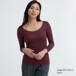 T Shirts Uniqlo HEATTECH Scoop Neck Long-Sleeve Femme Bordeaux | 191688