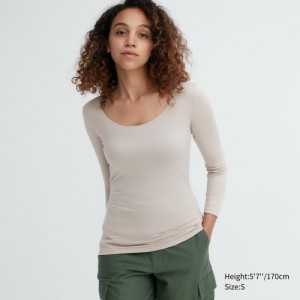 T Shirts Uniqlo HEATTECH Scoop Neck Long-Sleeve Femme Grise | 6666247