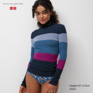 T Shirts Uniqlo HEATTECH Seamless Ribbed Extra Warm Femme Bleu Marine | 8176085