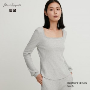 T Shirts Uniqlo HEATTECH Waffle Square Neck Long-Sleeve Femme Grise | 7987615