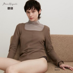 T Shirts Uniqlo HEATTECH Waffle Square Neck Long-Sleeve Femme Marron | 588889