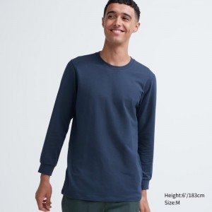 T Shirts Uniqlo Heattech Cotton Crew Neck Extra Warm Homme Bleu | 8203197