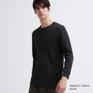 T Shirts Uniqlo Heattech Cotton Waffle Crew Neck Extra Warm Homme Noir | 8710819