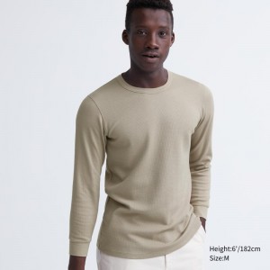 T Shirts Uniqlo Heattech Cotton Waffle Crew Neck Extra Warm Homme Beige | 3004538