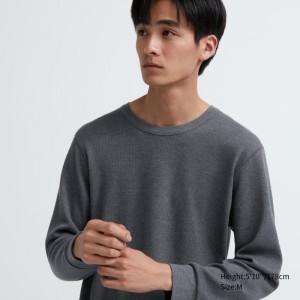 T Shirts Uniqlo Heattech Cotton Waffle Crew Neck Long-sleeve Extra Warm Homme Grise | 7297973