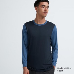 T Shirts Uniqlo Heattech Crew Neck Long Sleeve Homme Bleu Marine | 4230482