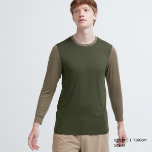 T Shirts Uniqlo Heattech Crew Neck Long Sleeve Homme Vert | 4204326