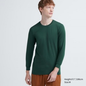 T Shirts Uniqlo Heattech Crew Neck Long-sleeve Homme Vert | 6752870
