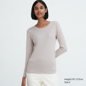 T Shirts Uniqlo Heattech Crew Neck Long-sleeve Femme Grise | 2660646