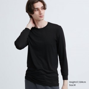 T Shirts Uniqlo Heattech Crew Neck Long-sleeve Homme Noir | 7679512