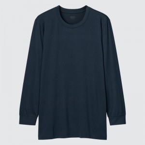 T Shirts Uniqlo Heattech Crew Neck Long-sleeve Homme Bleu Marine | 9021458