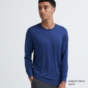 T Shirts Uniqlo Heattech Crew Neck Long-sleeve Homme Bleu | 6699238