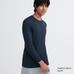 T Shirts Uniqlo Heattech Crew Neck Long-sleeve Homme Bleu Marine | 4055800