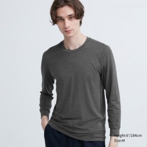 T Shirts Uniqlo Heattech Crew Neck Long-sleeve Homme Grise | 4330252