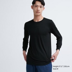T Shirts Uniqlo Heattech Crew Neck Long-sleeve Homme Noir | 2360267