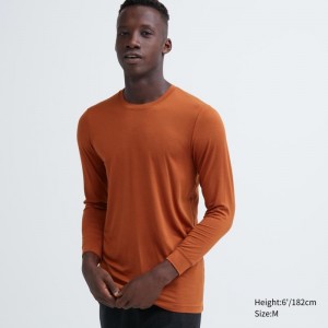 T Shirts Uniqlo Heattech Crew Neck Long-sleeve Homme Orange | 9714407