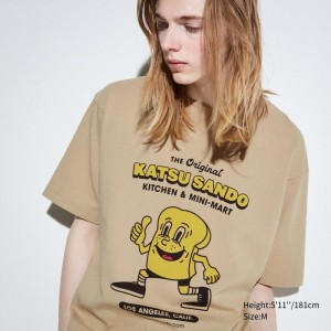 T Shirts Uniqlo L.A. Eats Ut Oversized Short-sleeve Graphic Katsu Sando Homme Beige | 3567862