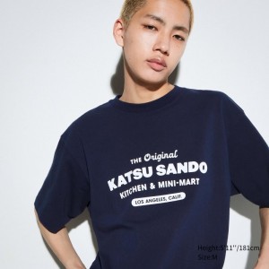 T Shirts Uniqlo L.A. Eats Ut Oversized Short-sleeve Graphic Katsu Sando Homme Bleu Marine | 9424353