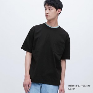 T Shirts Uniqlo Oversized Pocket Crew Neck Half-sleeve Homme Noir | 3075771