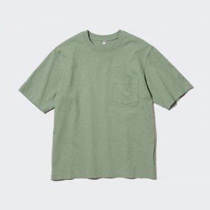 T Shirts Uniqlo Oversized Pocket Crew Neck Half-sleeve Homme Vert | 2687656