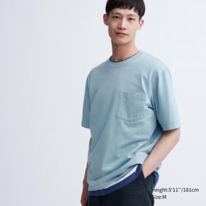 T Shirts Uniqlo Oversized Pocket Crew Neck Half-sleeve Homme Bleu | 9504070
