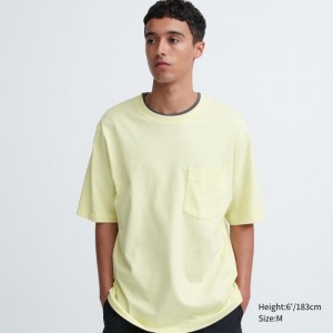 T Shirts Uniqlo Oversized Pocket Crew Neck Half-sleeve Homme Jaune | 8176046