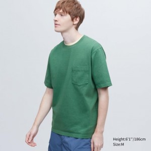 T Shirts Uniqlo Oversized Pocket Crew Neck Half-sleeve Homme Vert | 4200942