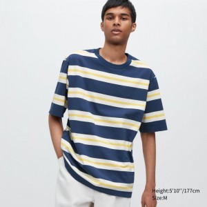 T Shirts Uniqlo Oversized Striped Half-sleeve Homme Bleu | 7876165