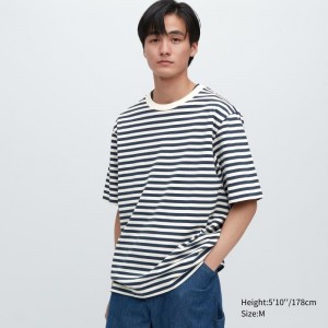 T Shirts Uniqlo Oversized Striped Half-sleeve Homme Bleu Marine | 3377161