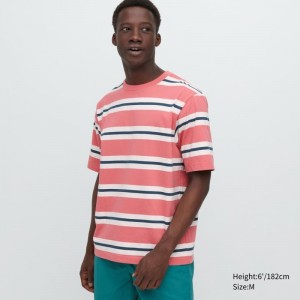 T Shirts Uniqlo Oversized Striped Half-sleeve Homme Rose | 7025133