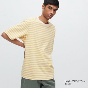 T Shirts Uniqlo Oversized Striped Half-sleeve Homme Jaune | 8319381