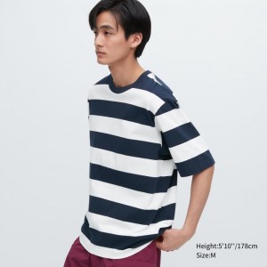 T Shirts Uniqlo Oversized Striped Half-sleeve Homme Bleu Marine | 9559405