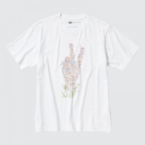 T Shirts Uniqlo PEACE FOR ALL Short-Sleeve Graphic JW Anderson Femme Blanche | 5599482