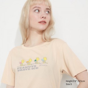 T Shirts Uniqlo Peanuts Hawaii UT Short-Sleeve Femme Beige | 4304432