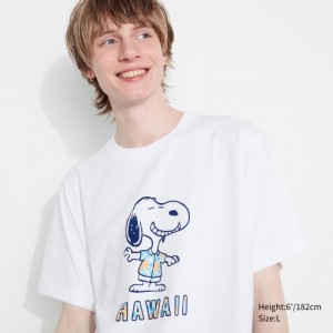 T Shirts Uniqlo Peanuts Hawaii UT Short Sleeve Femme Blanche | 2699426