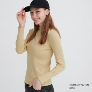 T Shirts Uniqlo Ribbed High Neck Long-Sleeve Femme Beige | 4518226