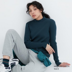 T Shirts Uniqlo Ribbed High Neck Long-Sleeve Femme Vert | 146074