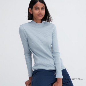 T Shirts Uniqlo Ribbed High Neck Long-Sleeve Femme Bleu | 2269663